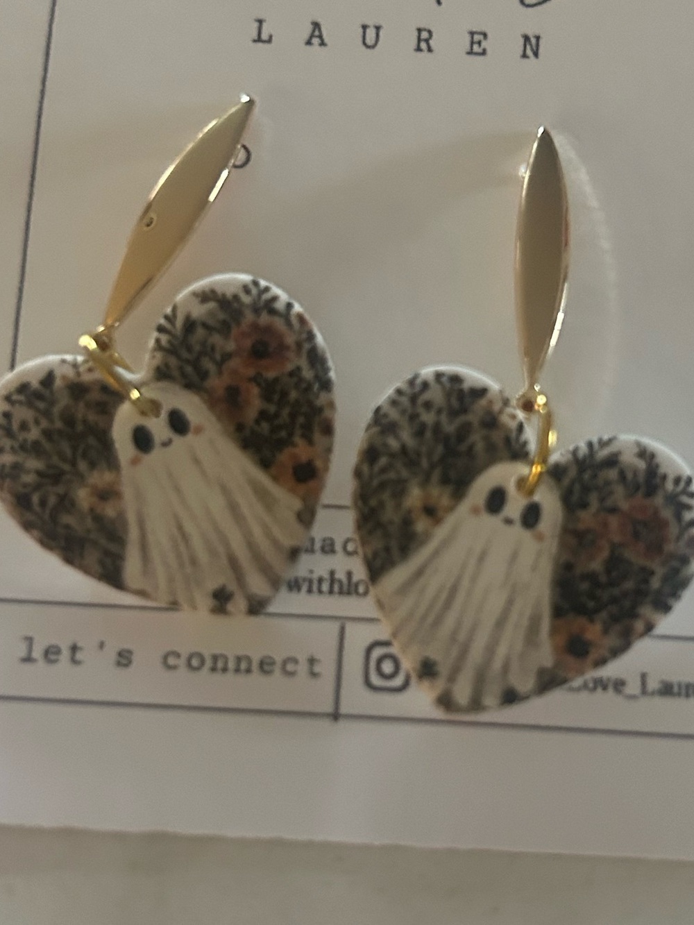 Floral Heart Ghost Drop Earrings in White and Gold